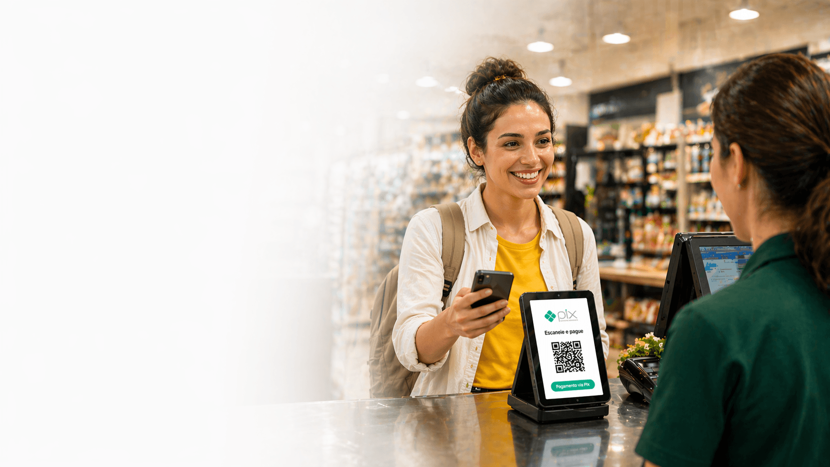 Tourist completing a Pix payment at the merchant checkout